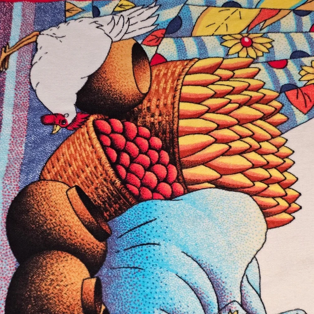 Vintage 1988 Helia Beach Towel Red Folk Art Marketplace Chickens fowers 56x28